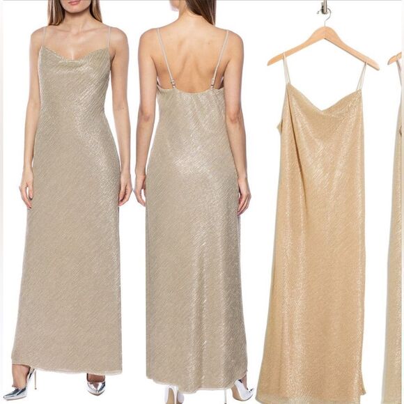 MARINA Dresses & Skirts - MARINA Cowl Neck Spaghetti Strap Metallic Maxi Gown Dress Size 6